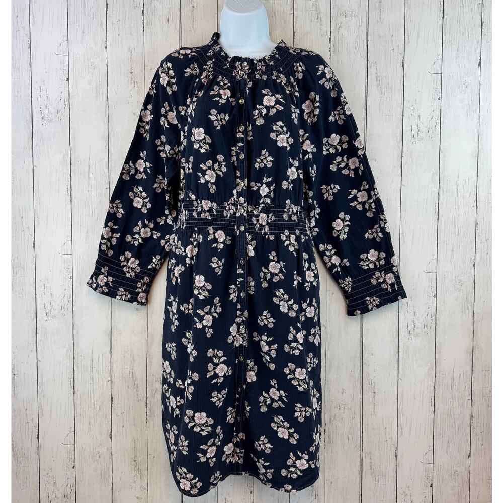 Rebecca Taylor La Vie Navy Floral Long Sleeve Camille Smocked Dress Size Small